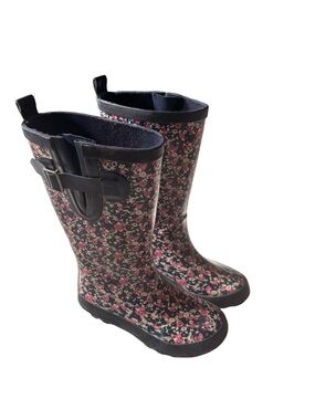 Floral Rain Boots - Pink & Navy girl size 1 youth- Excellent condition